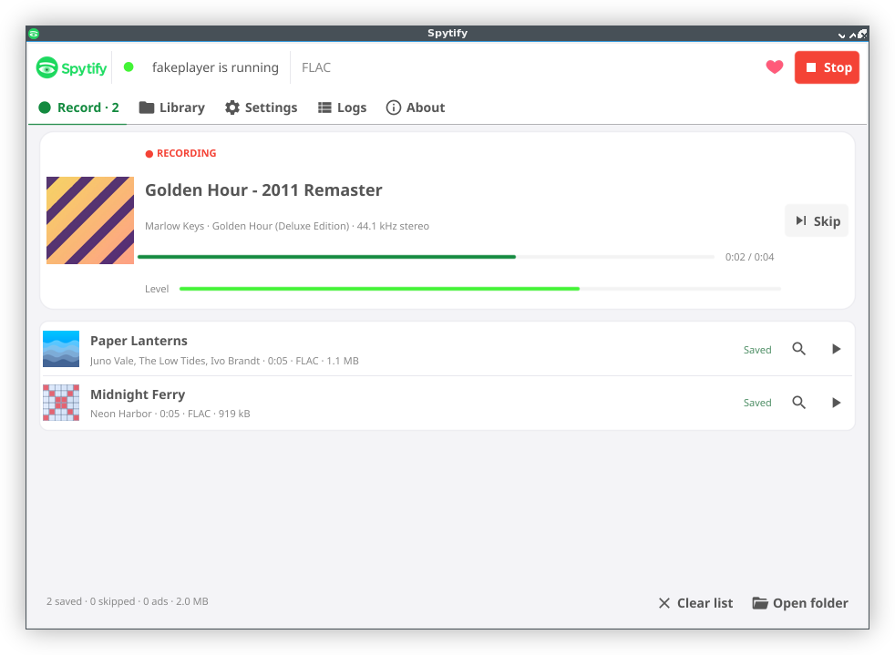 Spytify recording: the current track with its progress and level, and the files already saved